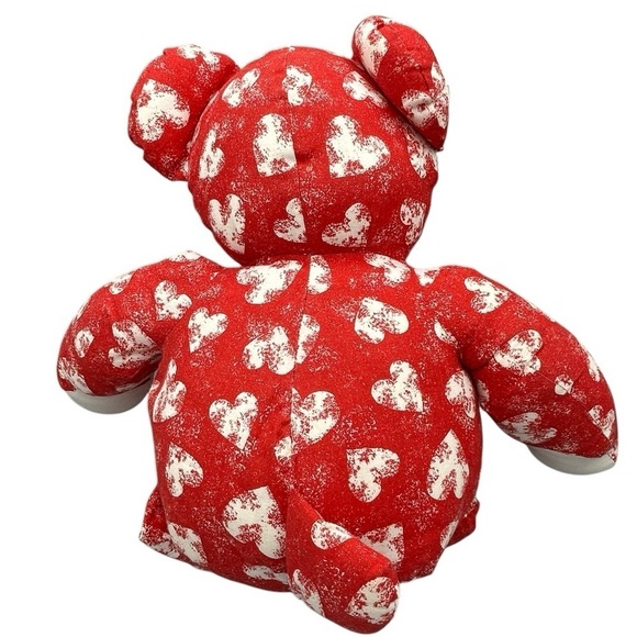 VINTAGE HANDMADE TEDDY BEAR RED WHITE HEART PRINT VALENTINE LOVEY COLLECTIBLE - Picture 3 of 10